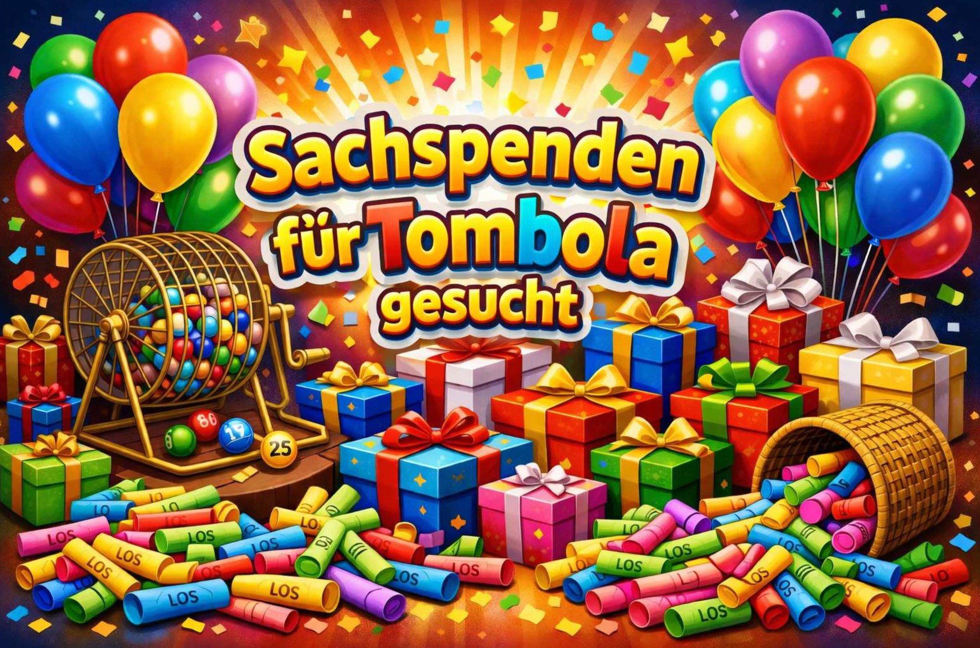 Bunte Illustration mit Losrollen, Geschenken und Luftballons – Sachspenden für Tombola gesucht