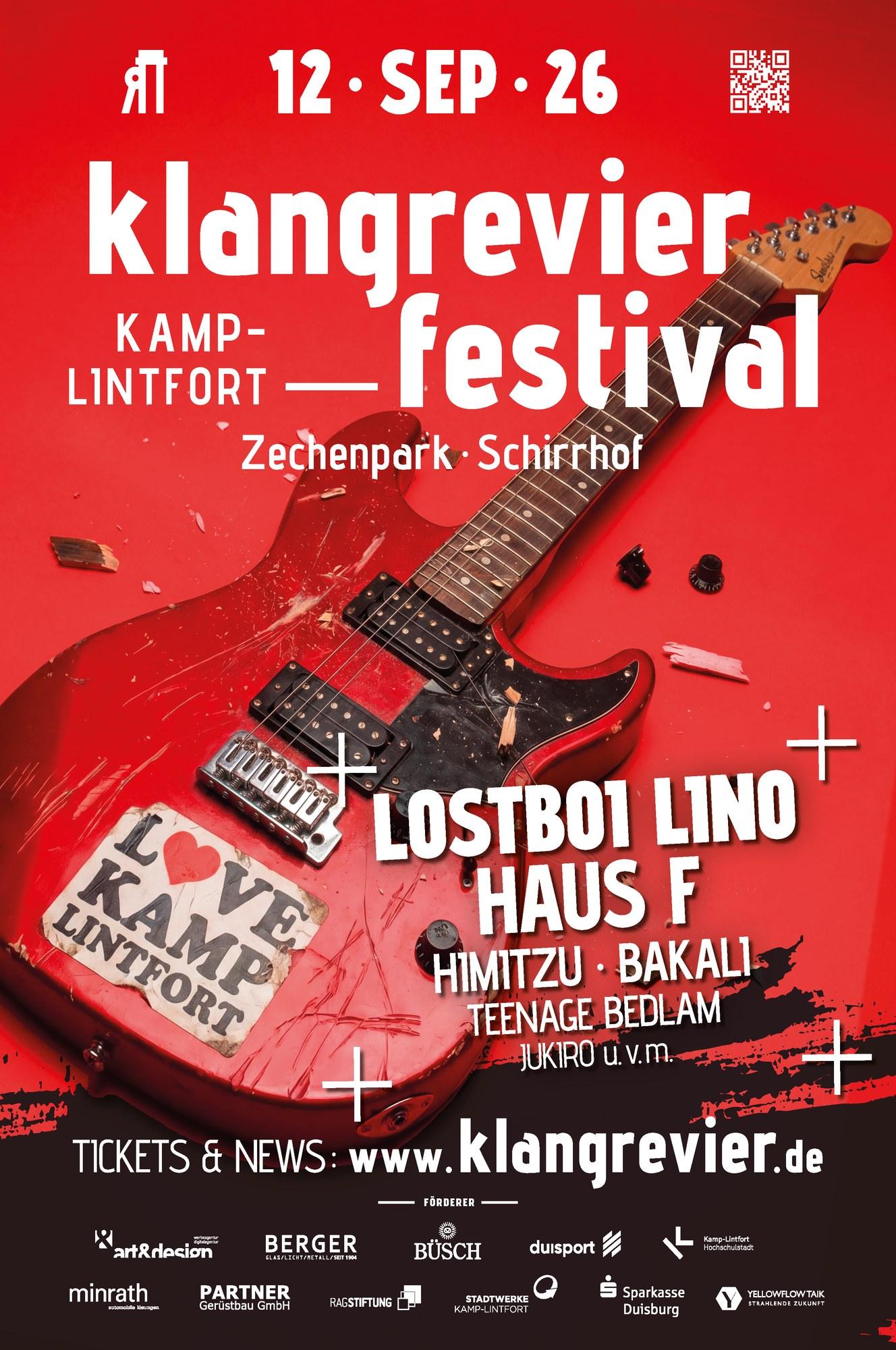 Plakat des klangrevier festivals am 12. September 2026 auf dem Schirrhof mit dem Line-up: LOSTBOI LINO, Haus F, HIMITZU, BAKALI, Teenage Bedlam und JuKiRo