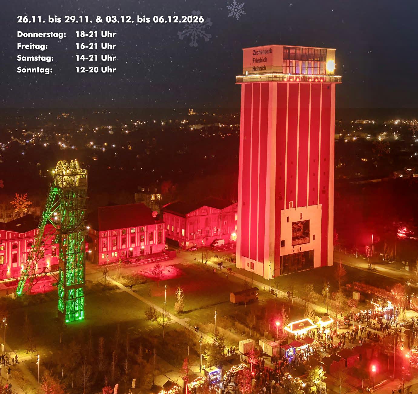 Der weihnachtlich beleuchtete Zechenpark bei Nacht mit den Öffnungszeiten des Weihnachtsmarkts 2026