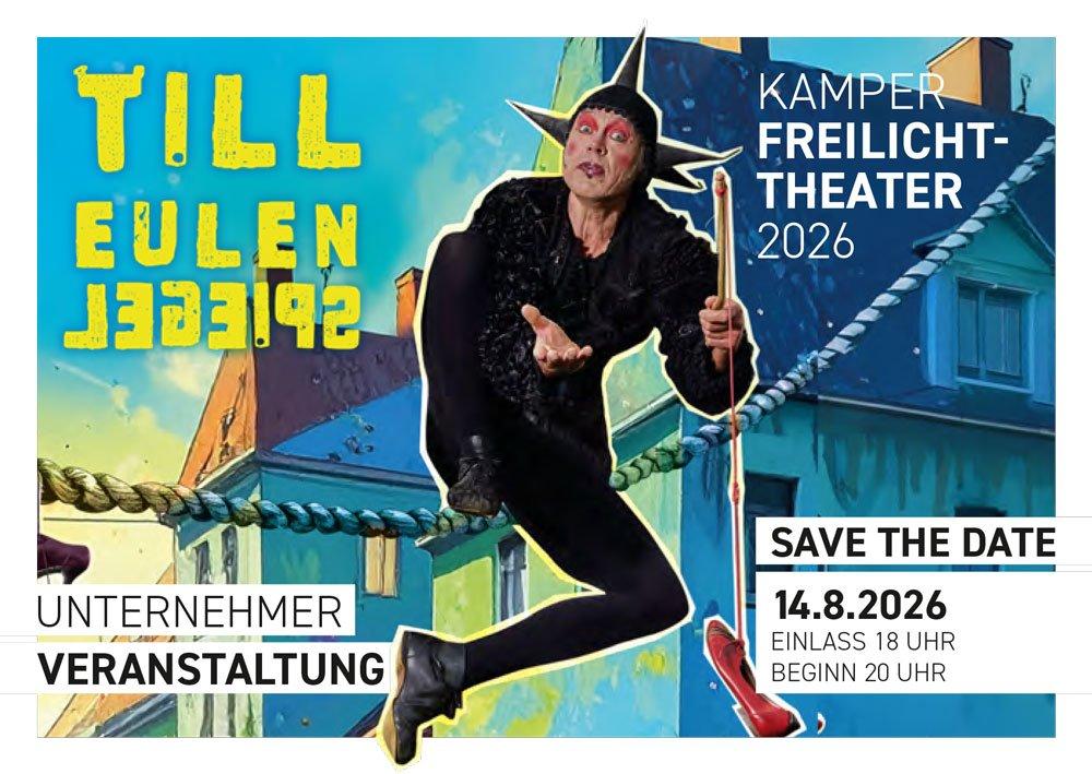 Plakat des Kamper Freilichttheaters 2026 zur Unternehmer-Veranstaltung am 14. August 2026