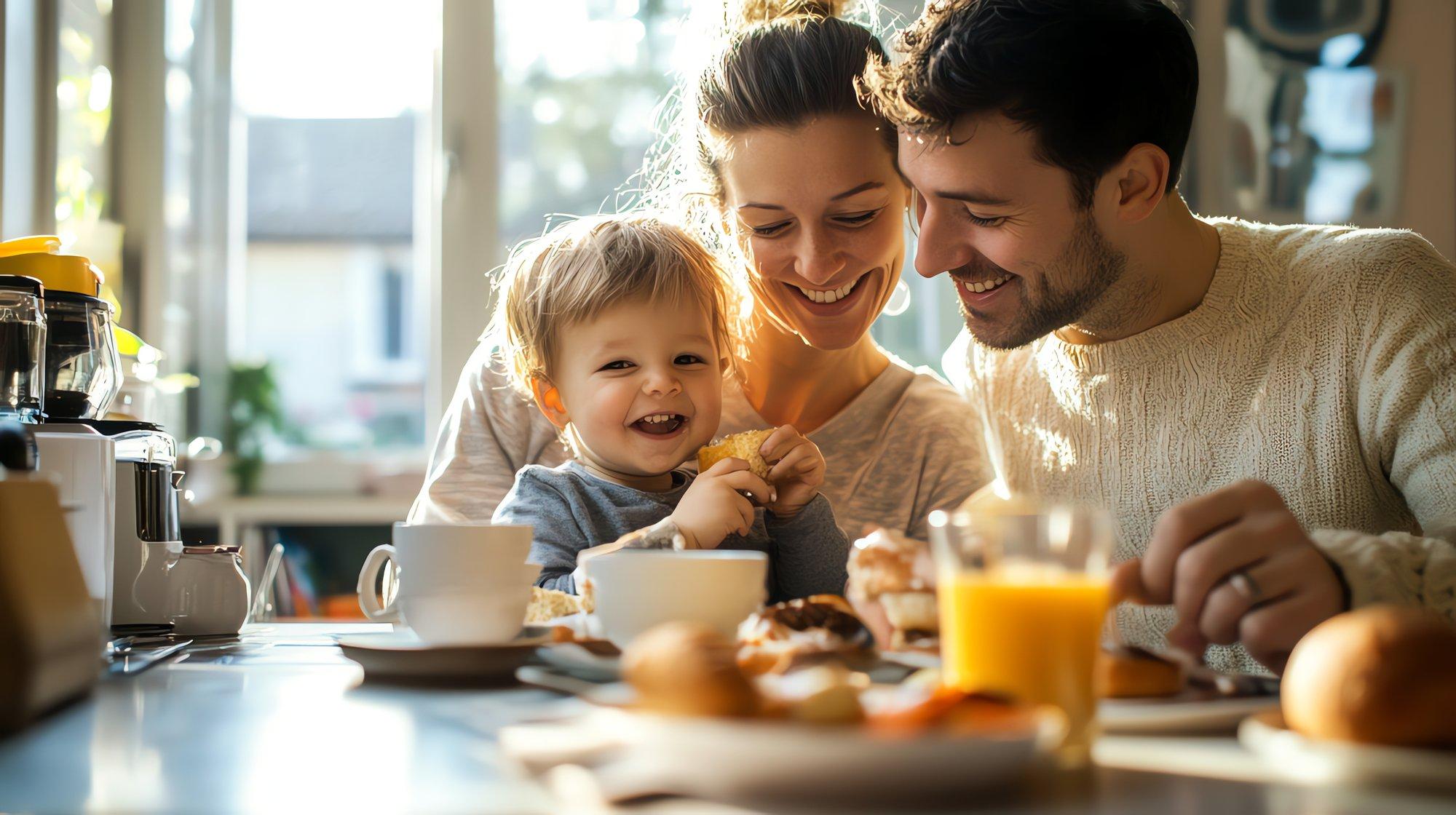 Eine Familie mit Kind beim gemeinsamen Frühstück (Symbolbild)